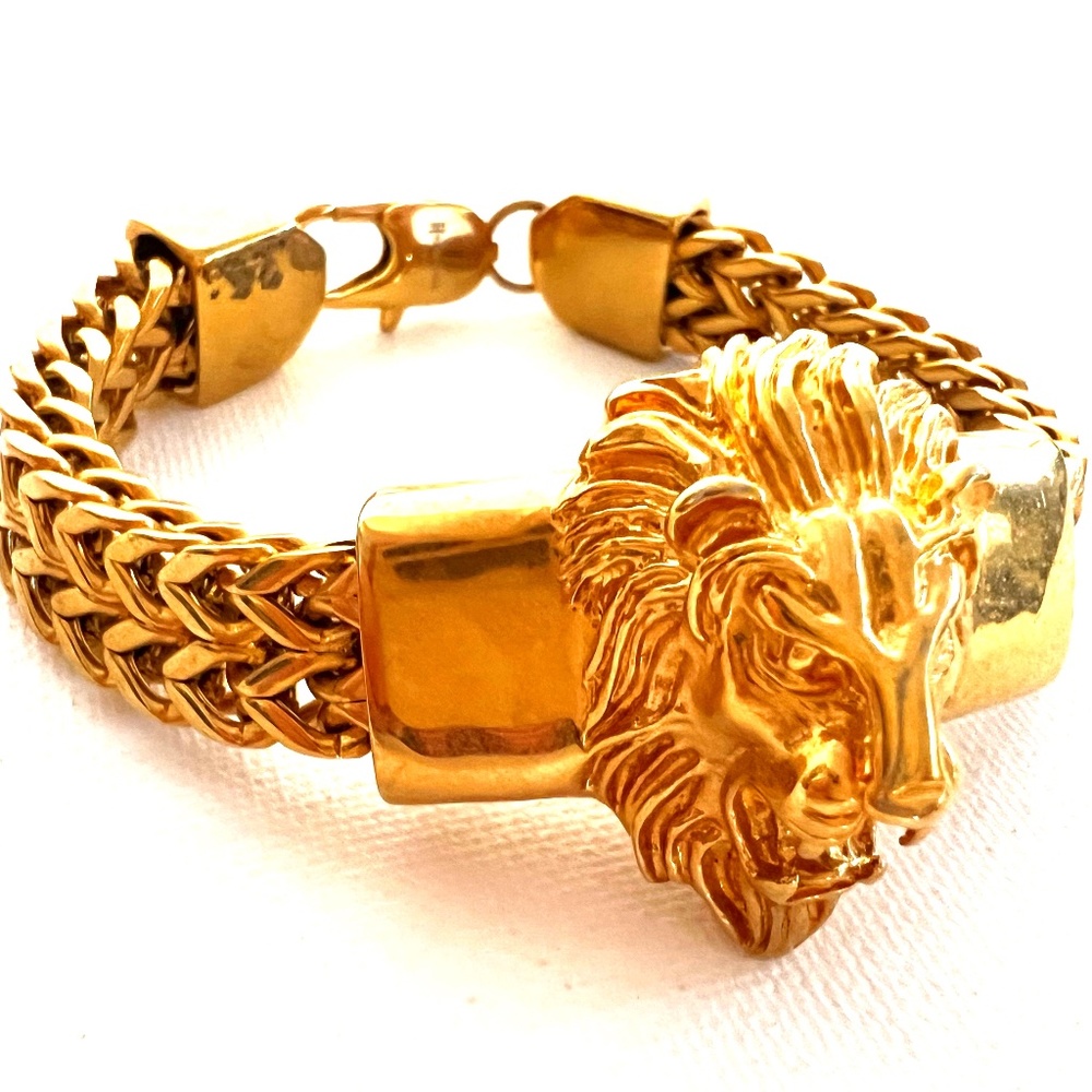18K Gold Plated Stainless Steel Lion Head Box Chain Bracelet - Unisex